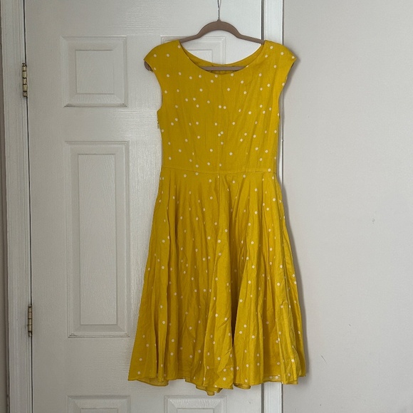 Boden Yellow Polka Dot Swishy Dress Full Skirt Cap Sleeve Tall Size 6 Long L - Picture 6 of 11